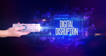 hand holding wireless peripheral with DIGITAL DISRUPTION inscription, cyber security concept