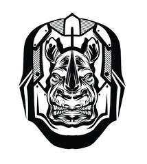 mascot in the form of a fierce rhino head in black and white