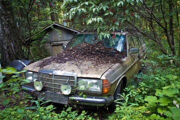 FINLAND, TAVASTIA - AUGUST 2, 2016:  View of old abandoned dusty Mercedes in the green forest of Finland. Junkyard of old Mercedes cars. .