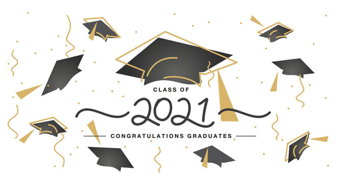 Class of 2021 handwritten typography lettering Congratulations graduates line design gold black cap white isolated background vector