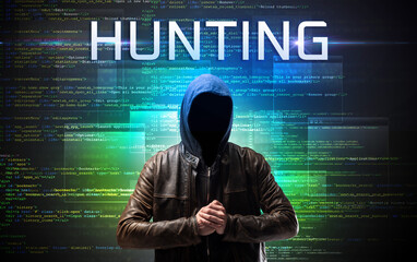 Faceless hacker with HUNTING inscription on a binary code background