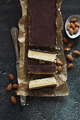 Keto Chocolate Caramel Slice. Low carb, gluten free shortbread with keto caramel and dark chocolate glaze