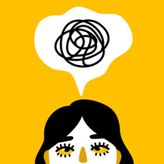 Female face with anxiety in head, depression and adhd concept. Vector illustration. Woman with mental disorder and chaos in thoughts. Frustrated or confused girl sketch. - obrazy, fototapety, plakaty