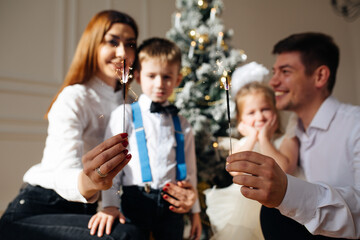The family celebrates Christmas or New Year. They hold sparklers in their hands, sit next to an elegant festive tree