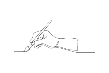 Papier Peint photo Une ligne continuous line drawing hand holding painting brush. One line concept of creative artist work. Vector illustration