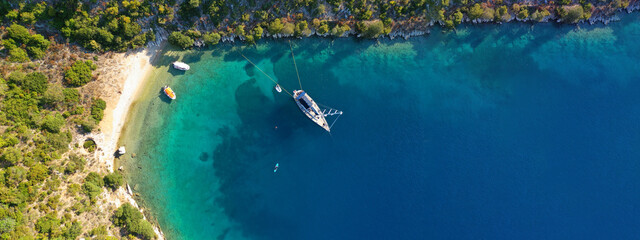 Aerial drone ultra wide panoramic photo of tropical exotic emerald sea wit turquoise crystal clear...