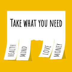 Take what you need. Vector stock illustration eps10. HEALTH. MIND. LOVE. MONEY