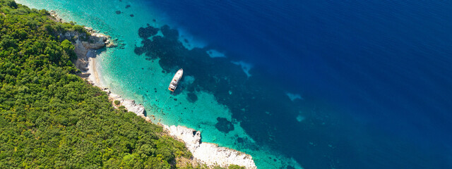 Fototapeta na wymiar Aerial drone ultra wide panoramic photo of beautiful turquoise bay in island of Ithaki or Ithaca, Ionian, Greece