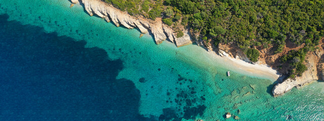 Naklejka na ściany i meble Aerial drone ultra wide panoramic photo of tropical exotic emerald sea wit turquoise crystal clear waters in asian destination island