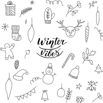 Set of line Christmas icons and decorations, new year isolated contour objects. Lettering elements, winter vibes, snow, cosy vinter