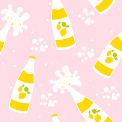 Seamless pattern with lemon juice bottle and splash on pink background. Flat design. Vector cartoon banner. - 390872934