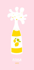 A lemon juice bottle with splash on pink background. Flat design. Vector cartoon banner. - 390872948