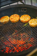 summer garden party with grilled fish and herbs, grilled trout