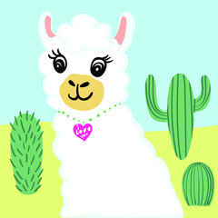 funny cactus  and lama cartoon illustration