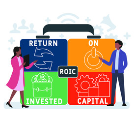 Flat design with people. ROIC -  return on invested capital acronym. business concept background. Vector illustration for website banner, marketing materials, business presentation, online advertising