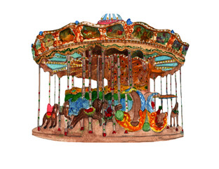 Fototapeta premium Carousel with horses isolated on white background.Winter illustration.