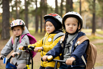 Obraz premium Group of little kids in protective helmets sitting on their balance bikes