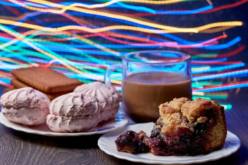homemade cake with coffee and marshmallows on a colorful background best dinner after work