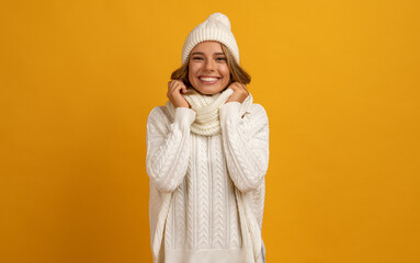 young smiling happy pretty blond woman wearing white knitted sweater, scarf and hat, warm winter cold season fashion accessories trend, posing on yellow studio background isolated