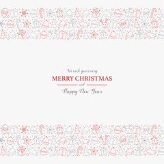 Christmas greeting card with Xmas icons and wishes. Vector