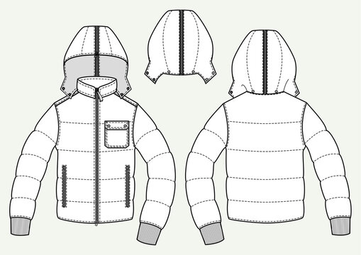 Piumino uomo con cappuccio e tasca applicata disegno piatto sketch fashion illustration fronte e retro mock up vettoriale