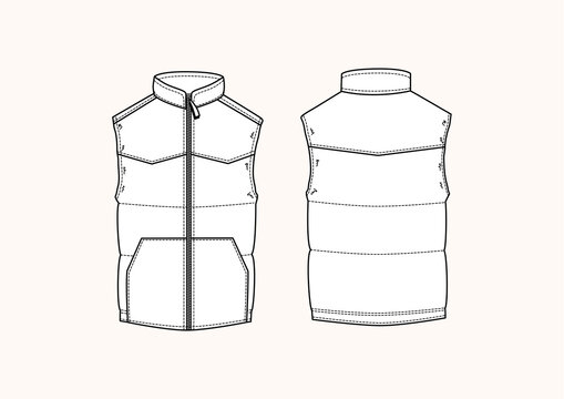 Piumino smanicato uomo con zip disegno piatto sketch fashion illustration fronte e retro mock up vettoriale