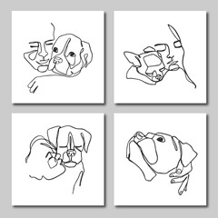 Set of line art illustrations of dogs and people. One line art