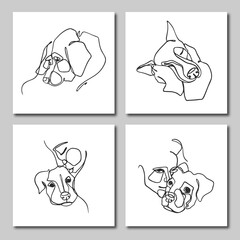 Set of line art illustrations of dogs and people. One line art