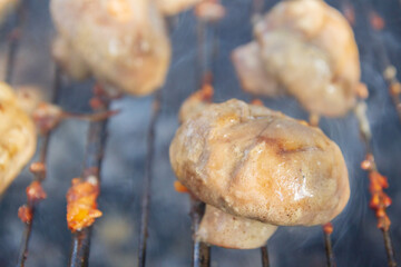 Pickled mushrooms are cooked on the grill on coals