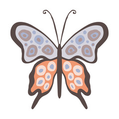 A butterfly with beautiful wings and a large outline. Butterfly branch illustration for printing on stickers, packaging design, design. Trendy boho style, freedom and hippie,brand of clothing