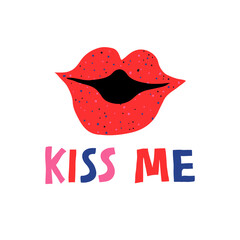 Kiss me phrase and red lips isolated on white background. Fun hand drawn lettering and mouth. Romantic print for valentine's day celebration. Creative card design. Flat trendy vector illustration