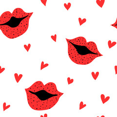 Cute seamless pattern with kissing lips and heart shapes isolated on white. Romantic hand drawn background. Flat style doodle illustration. Modern valentine's day vector design for textile, wrapping