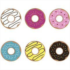 Set of cartoon colorful donuts isolated on white background.  on a white background. Vector illustration in flat style
