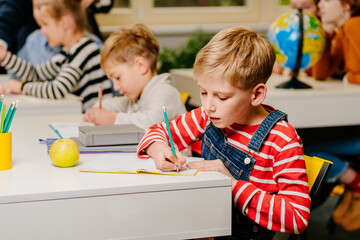 Group of children working in classroom together. Kids sitting at desks and writing exercise at...