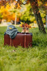 Fototapeta premium Autumn coziness, yellow and red foliage. Old boots, felt hat, knitted throw on the brown vintage suitcase in autumn forest. Shoes with foliage inside.