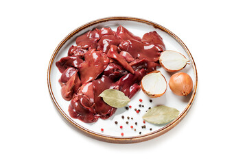 Raw fresh chicken liver in the plate. Isolated on white background