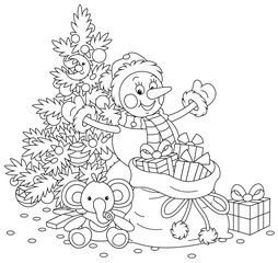 Friendly smiling funny snowman with a decorated Christmas tree and big bag of holiday gifts for little kids, black and white outline vector cartoon illustration
