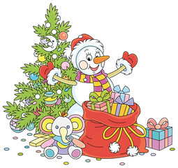 Friendly smiling funny snowman with a colorfully decorated Christmas tree and big bag of holiday gifts for little kids, vector cartoon illustration isolated on a white background