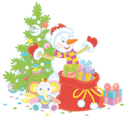 Friendly smiling funny snowman with a colorfully decorated Christmas tree and big bag of holiday gifts for little kids, vector cartoon illustration isolated on a white background