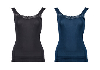 Women’s black and blue t-shirt with lace on a white background. Isolated image on a white background. Two kinds.