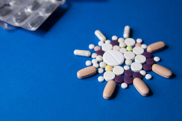 Fototapeta na wymiar Covid-19 corona virus cure. Colorful medical pills on blue background for ncov-19 diseases treatment.