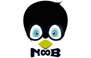 a cute bespectacled penguin head logo with a bow tie that reads NOOB