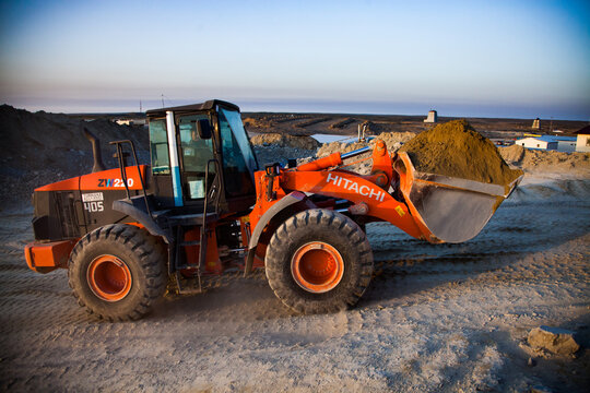 Akbakay, Kazakhstan, April 23 2012: Hitachi bulldozer in groundworks. Altynalmas company