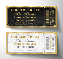 Premium black, gold, silver ticket template design. Luxury background with golden frame and abstract pattern. Useful for VIP invite on party, theater, event or entertainment show