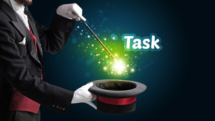 Magician is showing magic trick with Task inscription, educational concept