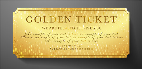 Golden ticket. Gold background for reward card design useful for Gift coupon, gift certificate, voucher, party, cinema, event or entertainment show