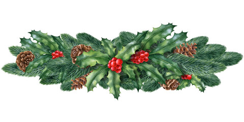 Watercolor illustration with winter plants,cones, holly isolated on the white background.Hand painted watercolor clipart. Christmas composition, new year holiday. - 390883327