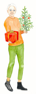 Old woman with a small christmas tree and a gift.