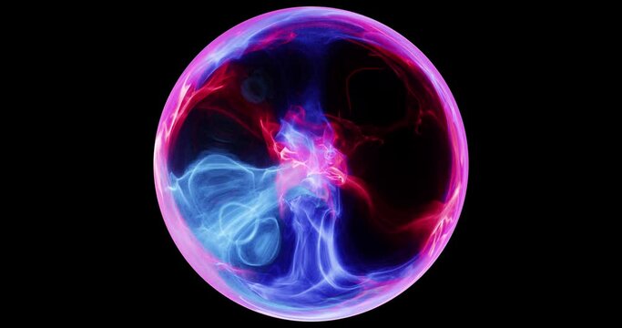 Abstract energy orb motion graphic. colorful sphere with swirling smoke effect within. energy and plasma dancing around glass container. 3D render, 4K loop