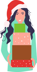 Portrait of a happy  girl holding a christmas gifts with santa claus hat.
